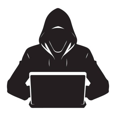 Siber Güvenlik için Laptop Vektör İllüstrasyonlu Siluet Hacker