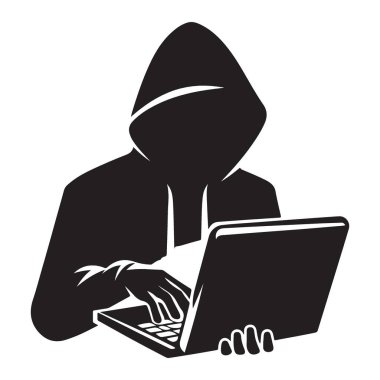 Kapüşonlu Hacker Silüeti Çizimi Laptop Güvenlik Tehdidi Yazıyor