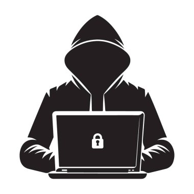 Laptop vektör çizimi kullanan kapüşonlu isimsiz hacker silueti