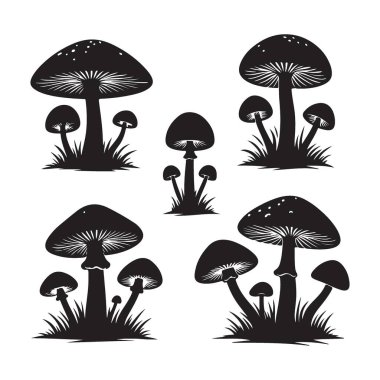Doğa ya da orman teması için mantar silueti vektör çizimi ayarlandı