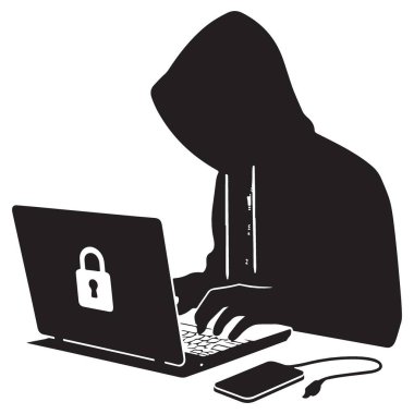 Hacker Silueti Laptop Vektör Sanat İllüstrasyonuyla Veri Çalıyor