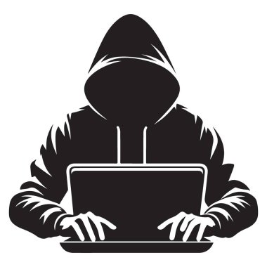 Kapüşonlu Hacker Silueti Laptop Vektör Çizim Tasarımı