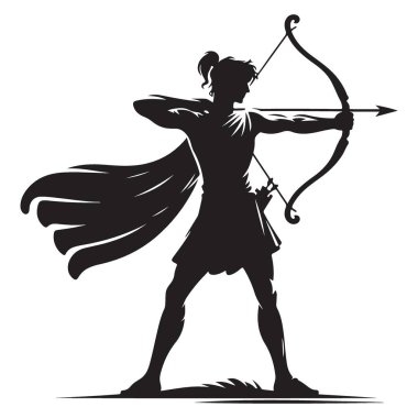 Güçlü Archer Silueti Çizim Yayı ve Ok Vektörü İllüstrasyonu