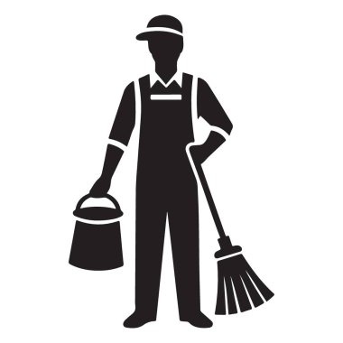 İzole Arkaplan Üzerine Temizlik Hizmetleri İşçisi Vektör İllüstrasyonu Silueti
