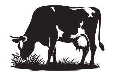 Gerçekçi İnek Silueti Yeme Çim Vektörü Çizim Tasarımı