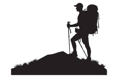 Zirveye tırmanan sırt çantalı bir yürüyüşçünün silueti.