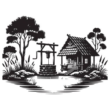 Kuyu Evi Vektör Resimli Kırsal Manzara Siyah Siluet