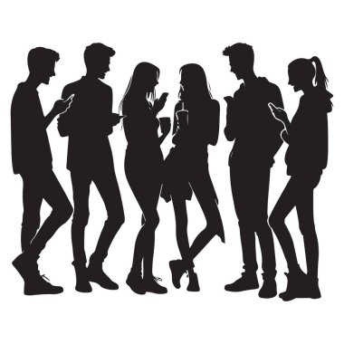 Smartphone Vektör İllüstrasyonunu Kullanan Genç Siluet Grubu