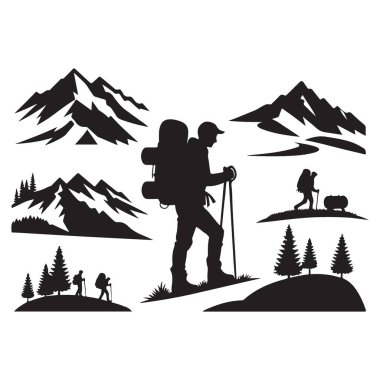 Yürüyüşçülerin Silueti Doğa Vektörüyle Dağ Yolculuğu Macerası
