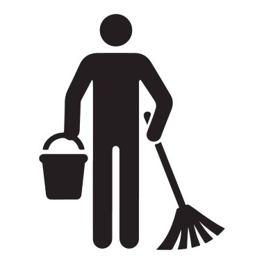 Temizlik Hizmetleri Kişisi Siluet Vektör İllüstrasyonu Kova ve Süpürge ile