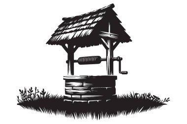 Tarihi Sahneler için Klasik Su Kuyusu Siluet Vektörü İllüstrasyonu