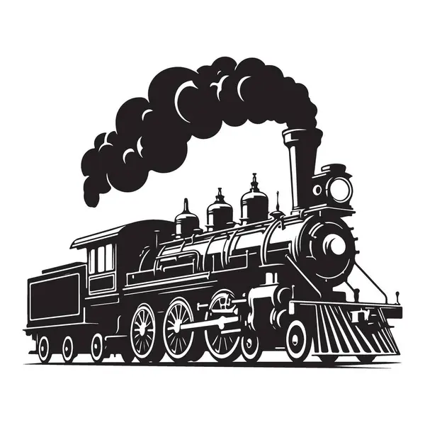 Antika Buhar Treni Lokomotif Siluet Vektör Çizim Tasarımı