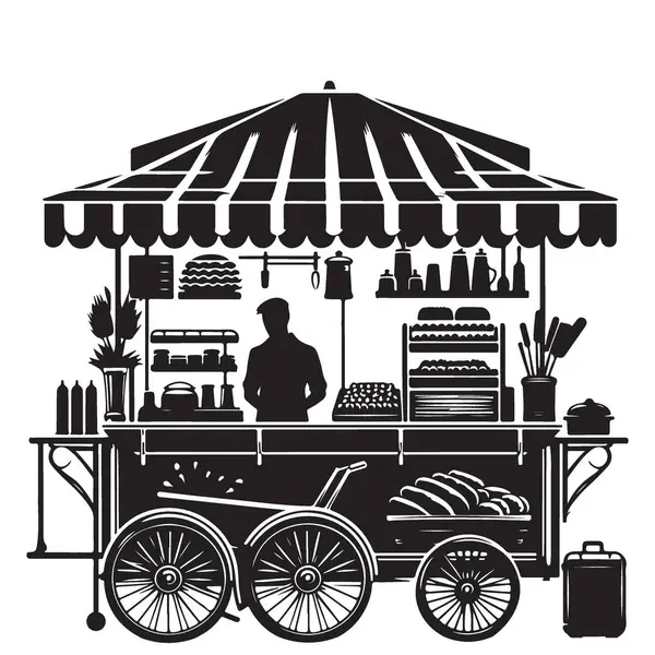 Sokak Tedarikçileri için Charming Mobile Food Cart Siluet Vektör Grafiği