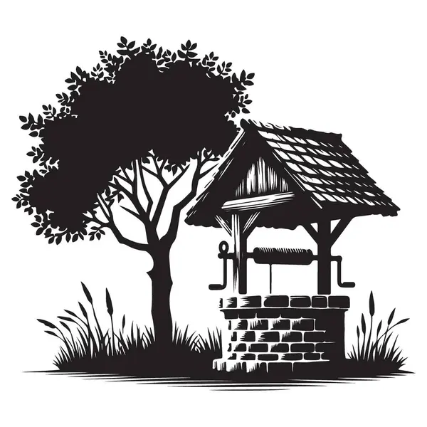 Ağaç vektör illüstrasyonlu eski tuğla suyu.