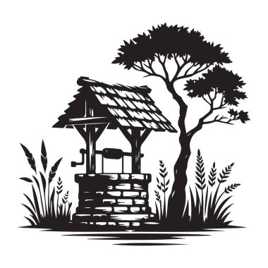 Köy Silueti Suyu Ağaç ve Çimen Vektörü Resimleriyle