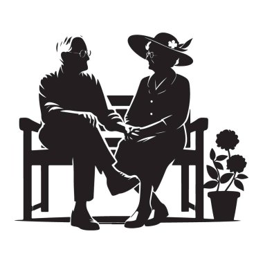 Park Bench Grafiğinde Huzurlu Emekliliğin tadını çıkaran Yaşlı Çift Silueti