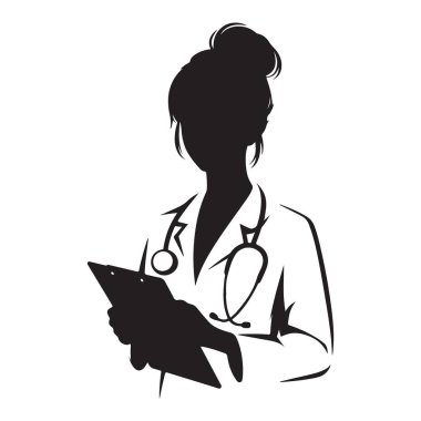 Stetoskop ve not panosuyla laboratuvar önlüklü bir doktorun silueti.