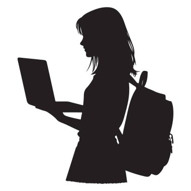 Eğitim ve teknoloji tasarımları için dizüstü bilgisayarı olan öğrenci silueti