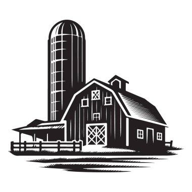 Vintage Farm Barn Silo İllüstrasyon Tarım Kırsal Peyzaj Silueti
