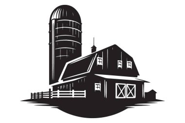 Siluet Ahırı ve Silo Vektör İllüstrasyon Kırsal Çiftlik Simgesi