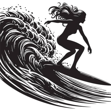 Kadın Sörfçü Devasa Dalga Silueti Grafik Sanatları Tasarımı