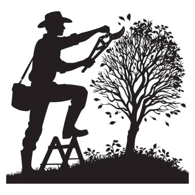 Bahçıvan Silueti Ağaç Kesme Dalları Vektör Sanat İllüstrasyonu