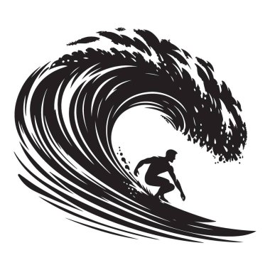 Sörfçü Siluet Dalgalı Vektör Su Sporu İllüstrasyonu