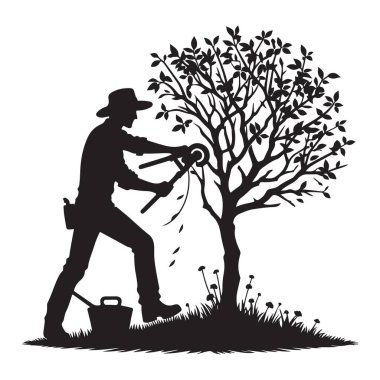 Bahçıvan Silueti Ağacı Ustaca budadı Kırpıcı ile Açık Hava Bakım Vektörü
