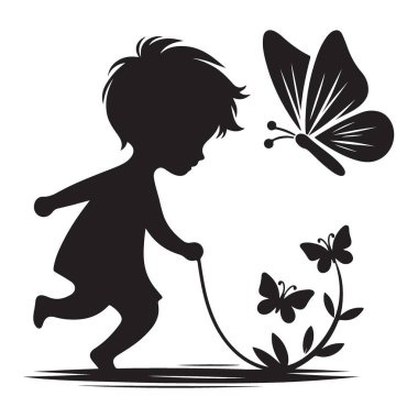 Kelebek Avlayan Çocuk Silueti Vektör İllüzyon Tasarımı