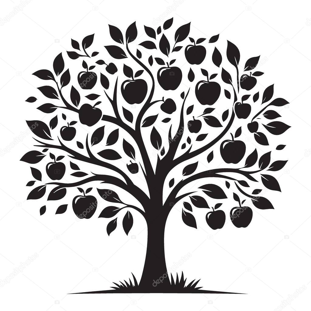 Apple Tree Silhouette Illustration with Ripe Fruits for Logo Design