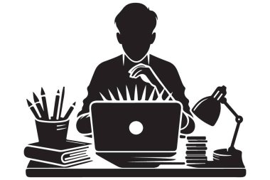 Man Silhouette Vektör İllüstrasyon Masası Lambası ve Laptop İnceleniyor