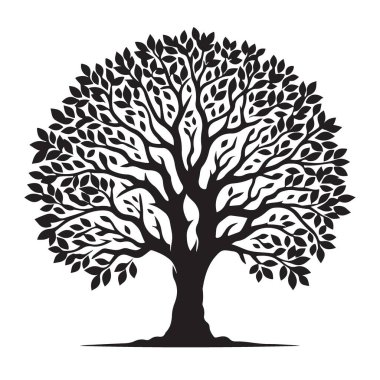 Ayrıntılı Ağaç Silüeti Vektör Çizimi Dallar ve Yapraklar Tasarımı