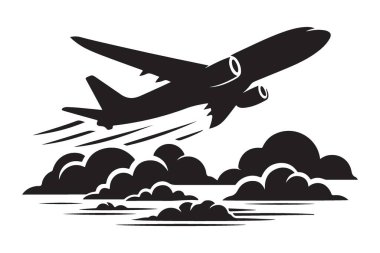 Uçak Silueti Bulutların Üzerinde Yükseliyor Hava Seyahat Vektörü Resimleri