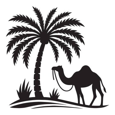 Palmiye ağacının altındaki deve silueti çöl macerası egzotik seyahat