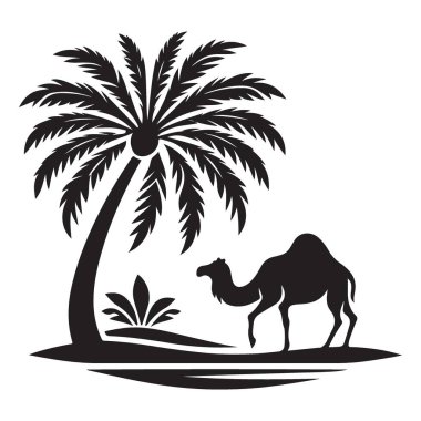 Peaceful Desert Oasis Illustration with a Camel and Palm Tree
