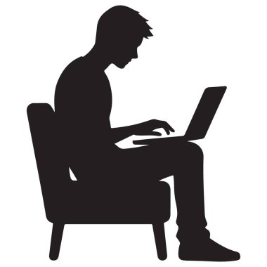 Evde Dizüstü bilgisayar Illustration üzerinde çalışan Bir Kişinin Silueti
