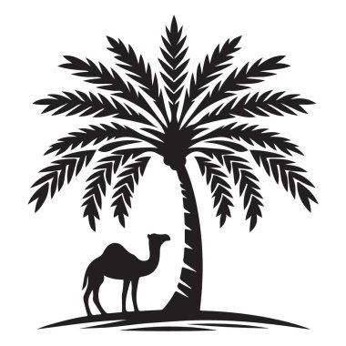 Siyah Siluet 'te Deve ve Palmiye Ağacının Basit Çizimi
