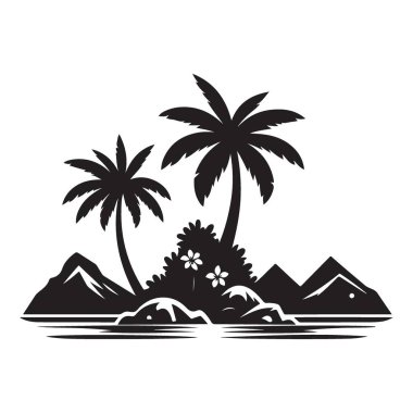 Tropikal Ada Silueti Palmiye Ağaçları Cennet Dağ Manzara Vektörü