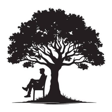 Siluet Adam Ağacın Altında Oturuyor Düşünüyor ve Rahatlatıcı Vektör