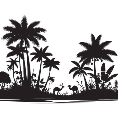 Tropikal Oasis Silueti Palmiye Ağaçları Hayvanlar Serin Peyzaj Tasarımı