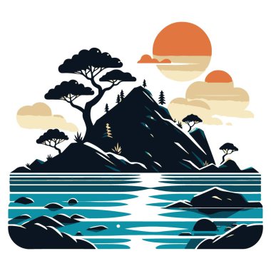 Dağlar ve Ağaçlar Vektör Resimleriyle Manzaralı Ada