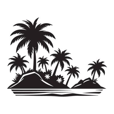 Yaz Temaları için Tropik Ada Cennet Silüeti Vektör Grafiği