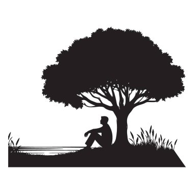 Dalgın Tasarımlar İçin Ağaç Altında Yalnızlık Silüet Vektörü