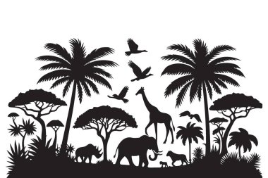 Vahşi Yaşam ve Ağaçlarla Afrika Safari Silueti Vektör İllüstrasyonu