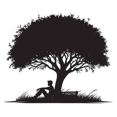 Huzurlu Adam Silueti Ağaç Vektörü Altında Rahatlıyor Grafik Tasarımı