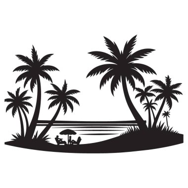 Tropik Plaj Palmiye Ağaçları Siluet Vektör Manzara Çizimi