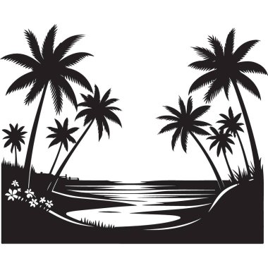 Palm Trees Siluet Vektör Rahatlama Sanatına sahip Tropikal Plaj