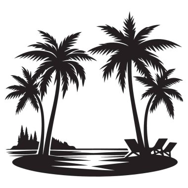 Tropik cennet kumsal silueti vektörü palmiye ağaçları gevşemesi