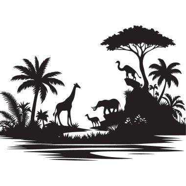 Afrika Savannah Siluet Vektör Resimleri Vahşi Yaşam Peyzaj Tasarımı