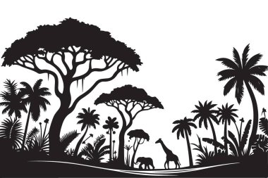 Afrika Safari Siluet Vektör İllüstrasyon Vahşi Yaşam Sahne Tasarımı